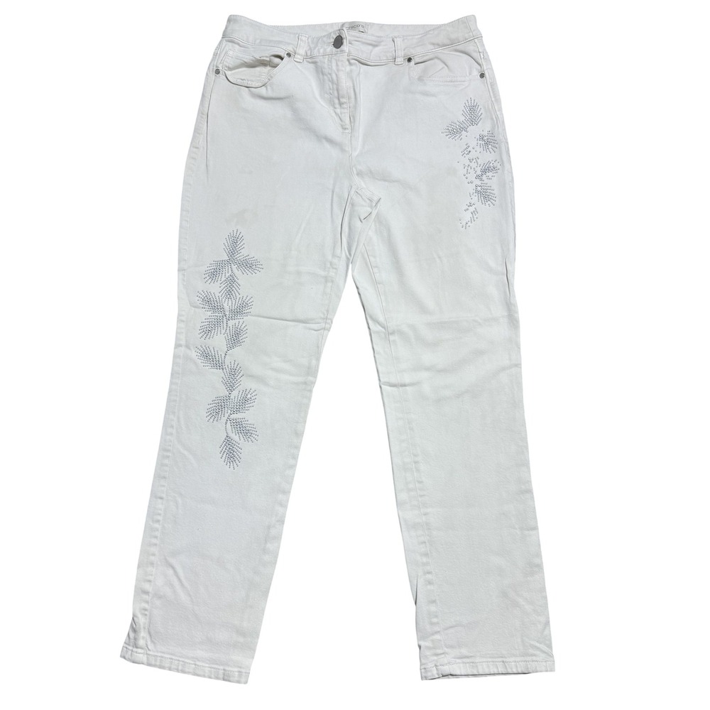 Chicos Jeans Womens 0.5‎ White Rhinestone Leaf Embellished Stretch Denim Pants